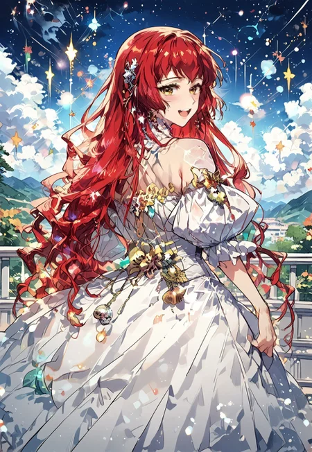 zPDXL3, score_9_up, score_8_up, score_7_up, (Anime_source), Jeremia, amber eyes, red hair, long hair, white old dress, cowboy shot, looking at viewer, looking back, smile, open mouth, blush, happy, night skypast, stars, cloudy, standing on mountain