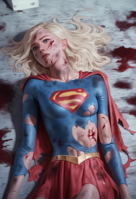 score_9, score_8_up, score_7_up, score_6_up, score_5_up, score_4_up, BREAK,
1girl, losspgirl, blonde hair, long hair, blue eyes,
wounded, superhero, lying, on back, realistic, ripped bodysuit, red cape, (dirty, bruise,blood:1.3), skirt,
solo, (revealing ripped clothes, torn clothes:1.3), ruined city background, looking at viewer <lora:SuperGirlDCXL:1>