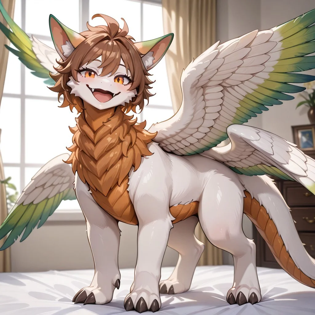 1girl, highres, absurdres, newest, masterpiece, best quality, furry, furry_female, flammie_mana, dragon, furred dragon, feathered wings, (four wings:1.5), color tipped wings, tail, claws, white fur, ((claws, short hair, brown hair:1.3)), orange underbelly, green tipped wings, orange eyes, spread wings, (quadruped, feral:1.6), detailed eyes, (standing, spread wings), open_mouth, open mouth smile, luxurious detailed room, bright room, day scene, professional lighting, white bed, solo, bedroom, smiling, seductive, looking_at_viewer, masterpiece, close up, safe