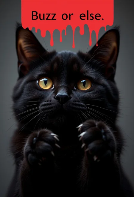 A close-up photo of a black cat showing its claws, red dripping text on top of the screen "Buzz or else", 4k, photorealism,photo,real, uhd