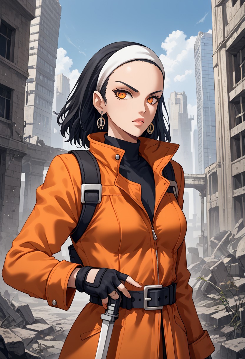 score_9,score_8_up,score_7_up,source_anime,5_figner,2d_animation,game cg,BREAK,1girl,solo,
MT heroine,black hair,black gloves,fingerless gloves,orange jacket,earrings,
belt,lips,orange eyes,hairband,
medium breasts,front view,upper body,looking at viewer,serious,gun,knife,
outdoor,building,skyscraper,ruins,
masterpiece,best qualit,ultra-detailed,illustration,an extremely delicate and beautiful,beautiful detailed eyes,unity 8k wallpaper,high resolution,anime CG,official_art,