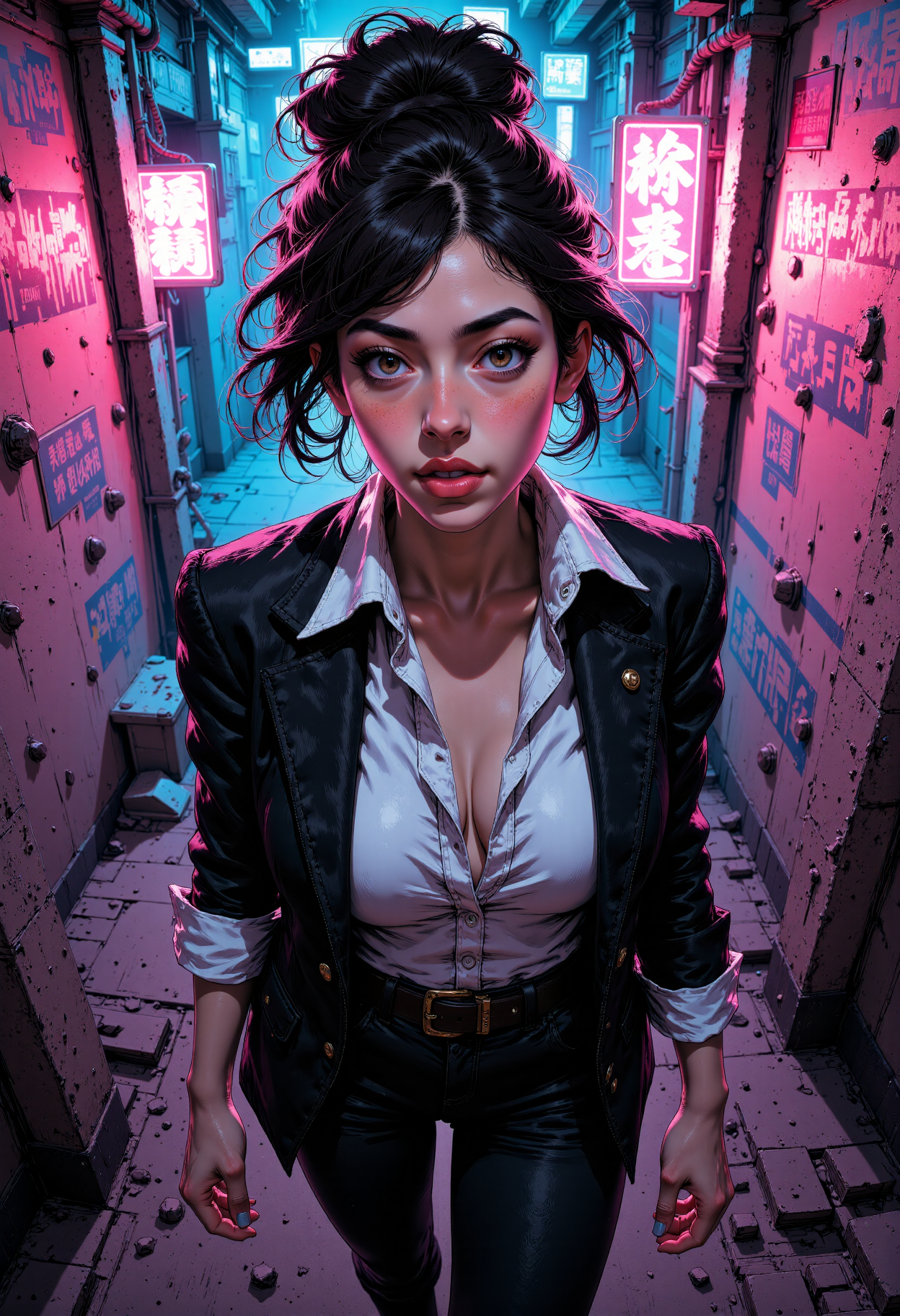 MysticComic, In this dystopian cyberpunk nightmare, a ravishing young woman stands at the apex of a cramped, neon-drenched alleyway. The camera's vantage point is a dizzying bird's-eye view, as if the lens itself has been hurled into the abyss. The image is bathed in a kaleidoscope of colors - electric blues, pinks, and purples - which seem to pulse with a life of their own, like a diseased heart.  The subject, a stunning Asian beauty, is a vision of contrasts. Her raven-black hair is tied in a tight, elegant knot, while her piercing golden eyes seem to burn with an inner fire. She's dressed in a sleek black business suit, complete with a crisp white blouse and a tailored blazer that accentuates her curves. Her full lips are pursed, as if she's about to deliver a withering rebuke.  As she steps into the alley, the flickering neon signs above her seem to dance in time with her footsteps, casting eerie shadows on the walls. The air is thick with the hum of machinery and the distant thrum of hovercars. The woman's eyes seem to gleam with a mixture of fear and determination as she navigates this treacherous landscape, her high heels clicking out a staccato beat on the crumbling pavement.<lora:CustomFlux/MysticComic-v2.safetensors:0.6900000000000001:0.6900000000000001>