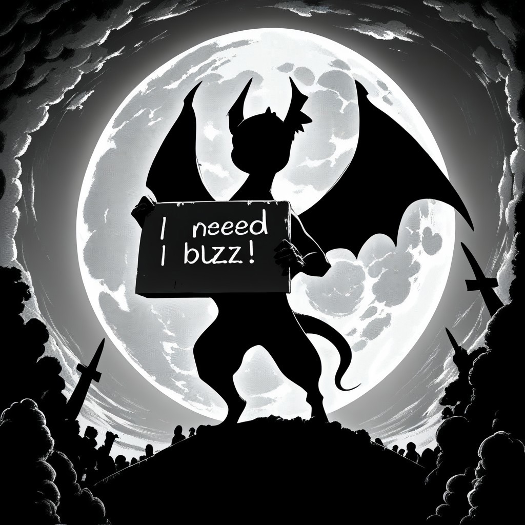 moon,solo, standing, monochrome, wings, sky, no humans, night, shadow, moon, full moon, silhouette,need_buzz, holding sign
