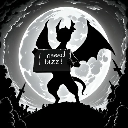 moon,solo, standing, monochrome, wings, sky, no humans, night, shadow, moon, full moon, silhouette,need_buzz, holding sign