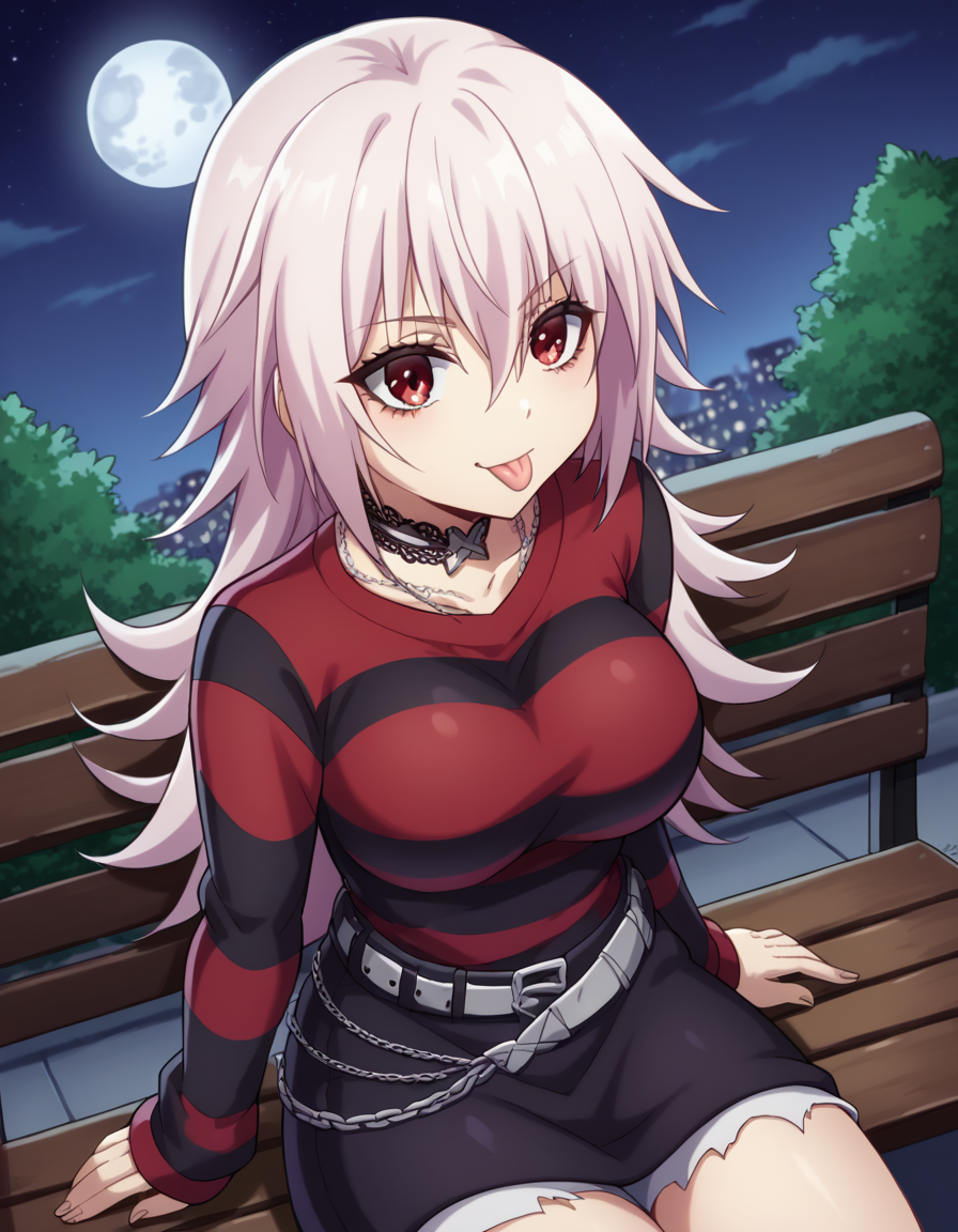 score_9, score_8_up, score_7_up, source_anime, <lora:matsuri-kazamaki-s1-v2-ponyxl-lora-nochekaiser:1>, matsuri kazamaki, long hair, red eyes, pink hair, hair between eyes, sidelocks, large breasts,, <lora:emo-fashion-ponyxl-lora-nochekaiser:1>, emo fashion, torn sweater, two-tone sweater, sweater under shirt, striped sweater, lace-trimmed choker, belt chain, red sweater, black sweater, goth fashion, street, night, moon, sitting, bench, from above, tongue out,, , cowboy shot, dutch angle,