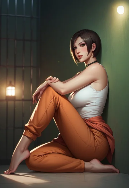 score_9, score_8_up, score_7_up, solo, western cartoon, volumetric lighting, dramatic lighting, g0thicPXL, fFaceDetail, ultra detailed, beautiful face, (green ambient light:1.5), (1 giirl1.5), ada wong, short straight hair, brown hair, white skin, beautiful eyes, (next to wall:1.5), prison, white tanktop, orange pants, orange sleeves tied around waist, sitting on floor, handcuffed, barefoot, view from the side
