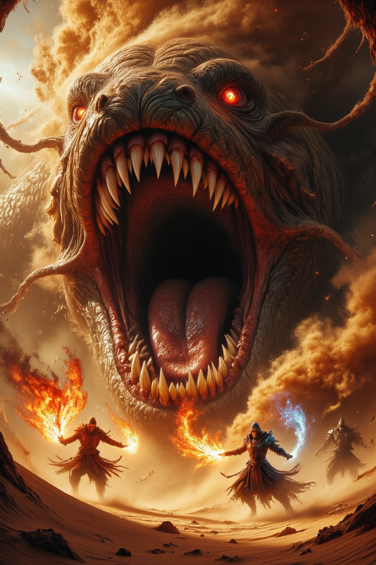 A colossal sandworm erupts from beneath the shifting sands of the scorching desert, its gaping circular maw wide open, filled with spiral layers of razor-sharp teeth that form a terrifying vortex of destruction. The glistening fangs, shaped like a whirlpool of death, dominate the creature's massive mouth, ready to consume anything in its path. Its rough, sandy skin is partially buried in the dunes, with the rest of its enormous body emerging from the earth in a powerful, violent surge.
In front of this monstrous sandworm, a group of magic-wielding adventurers stands their ground in a fierce battle. A sorcerer conjures fiery red arcane flames in their hands, casting glowing symbols in the air as the energy crackles around them. Nearby, a warrior in glowing armor holds a shimmering enchanted blade, charging at the sandworm with sand flying beneath their feet. The adventurers are surrounded by mystical shields and elemental powers, their determination evident as they face the towering beast.
The desert wind whips up clouds of dust, with the glowing rays of the fiery sun casting intense shadows across the golden dunes. Sand and embers fill the air, swirling around in the chaotic energy of the battle. The scale of the sandworm and the sheer danger of the confrontation are captured in the intense, action-packed moment.
The entire scene is rendered in ultra-realistic detail, with the sharp textures of the sandwormâs scales and teeth contrasting with the vivid colors of the adventurers' magic. The high contrast between the glowing spells and the harsh desert landscape creates a dramatic, dynamic composition. Every element, from the swirling dust to the intricate runes of the sorcerer's magic, is depicted in surreal, hyper-detailed fashion, creating a moment of epic fantasy and high-stakes action.
<lora:ImageUpgraderV2:0.5> detailmaximizer
<lora:Dever_Flux_Enhancer:0.5>
<lora:MidjourneyV6.1:0.6> midjourneyv6.1
<lora:midjourney_whisper_flux_lora_v01:0.6> Midjourney_Whisper,
<lora:Midjourney_imitation_FLUX:0.6> Midjourney style