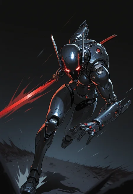 solo,
futuristic steaming_hot blade, red glowing katana, (dynamic pose:1.2), armored,
depth of field, motion blur, motion lines, energy lines, running towards viewer, attack, incoming attack,
dimly lit, dramatic lighting, volumetric lighting, dark,
wide short, imposing, dutch angle,, masterpiece, best_quality, amazing_quality, very_aesthetic, 8k, high_quality, highres, absurdres, subject_focus,, detailed eyes, perfect eyes, realistic eyes,, mechanical limbs, cyborg, cybernetic, futuristic, mechanical joints, robot,, 15546+456868, in the style of cksc, Sinozick_illu, <lora:114558v4df2fsdf5:0.25> <lora:ChronoKnight_Neurocore_Shadow_Circuit:0.25> <lora:Shiiro0_Sinozick:0.5>