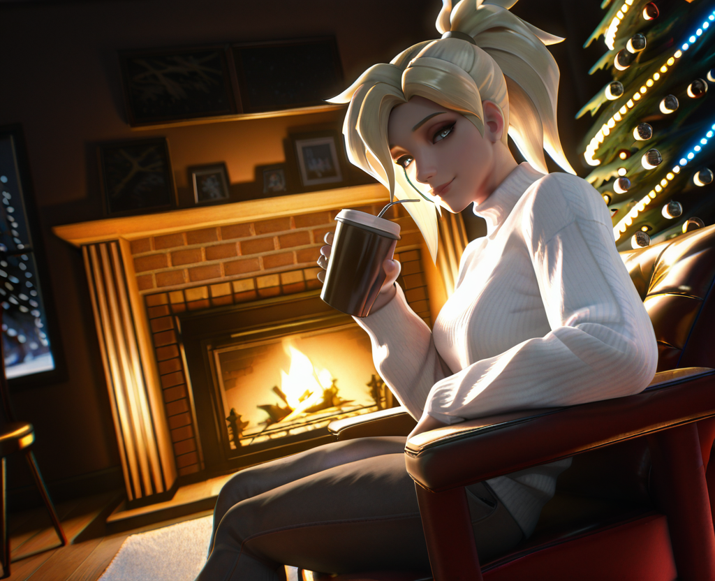 masterpiece, best quality, amazing quality, highres, absurdres, intricate detail, 3d, realistic, very aesthetic, scenery, cinematic, neon lights, indoors, dim lights, living room, looking at viewer, light smile, christmas tree, <lora:FPSBlyck_Style_ILLUS-000009:1> , 1girl, mercy, white sweater, short hair, joggers, ponytail, drinking, cup, sitting, chair, fireplace,