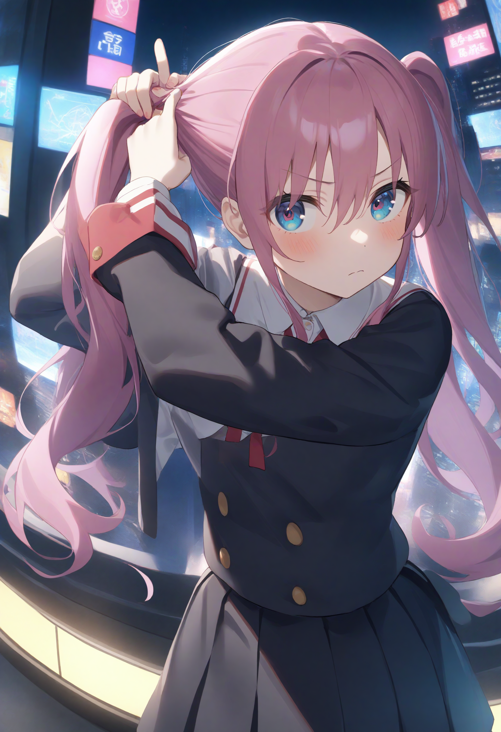 1girl,sincos, ningen mame, toosaka asagi,solo,medium breasts,school uniform,
tying hair,twintails,<lora:tyinghairtwintails_XL_v1:0.8>
from above, fisheye lens, looking to the side, pink hair, gray eyes,frown, rainy night in a cyberpunk city with glowing neon lights, closed mouth,
best quality, very aesthetic, absurdres