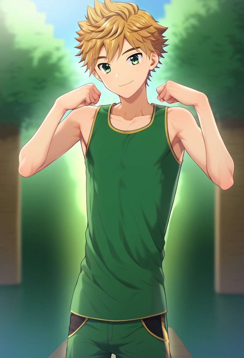 hikarishi_kenji, blond hair, short hair, bangs, green eyes, 1boy, (solo:1.20), solo focus, character with (athletic body:1.1), (balanced:1.2), green tank top, wear black trunk, smile, proportional body, strong lower body, handfixer