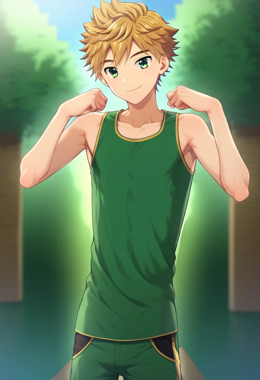hikarishi_kenji, blond hair, short hair, bangs, green eyes, 1boy, (solo:1.20), solo focus, character with (athletic body:1.1), (balanced:1.2), green tank top, wear black trunk, smile, proportional body, strong lower body, handfixer