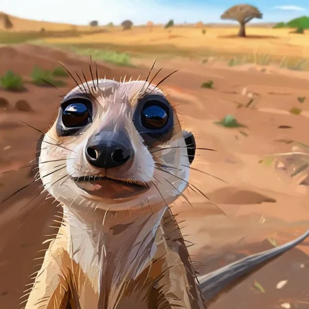 sleepy meerkat, African savannah in the background, <lora:albeniz-rodriguez-style-1024:0.7> albeniz rodriguez style, caricature, fisheye view