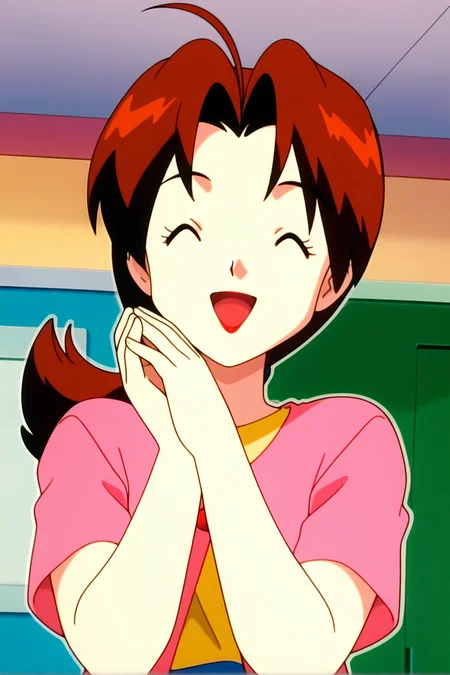 retro artstyle, 1990s \(style\), pokemon \(classic anime\), deliaca, 1girl, solo, long hair, smile, open mouth, shirt, brown hair, upper body, closed eyes, short sleeves, :d, parted bangs, hands up, eyelashes, ^_^, hair intakes, happy, indoors, own hands together, facing viewer, yellow shirt, outline, red lips, short hair, pink jacket, mature female, delia ketchum
<lora:Delia_Ketchump_Classic_Anime:1>