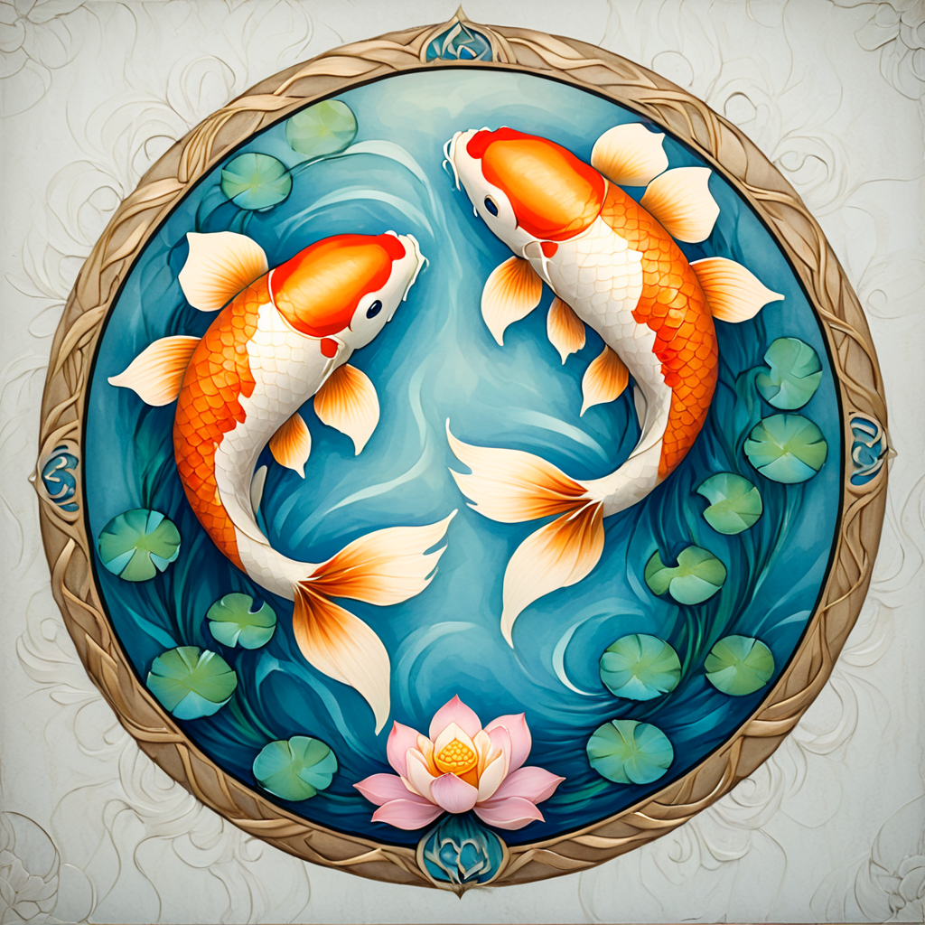 <lora:ArtNouveau2SDXL:1> ArsMJStyle, art nouveau,, The image shows a pair of koi fish swimming in a circular pattern, surrounded by flowing waves, water lilies, and lotus flowers. The composition is framed by an ornate border of golden reeds and curling vines, creating a sense of movement and harmony., no humans, koi fish, water, flower, lily pad, lotus, circular frame, decorative border, intricate details, ornamental, traditional media, flowing patterns