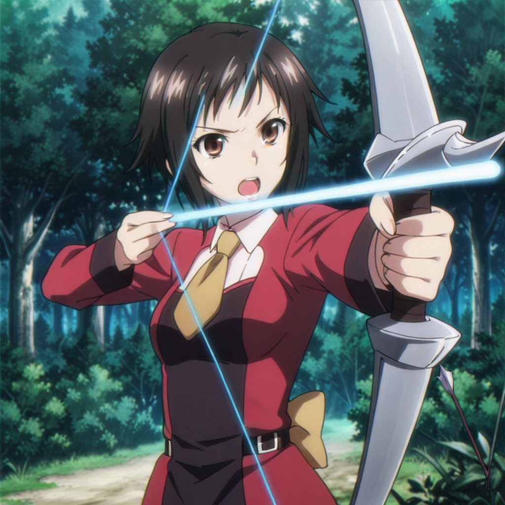 nsfw, masterpiece,best quality,amazing quality,1girl, solo, strike_the_blood_shio_hikawa, bow (weapon), weapon, arrow (projectile), short hair, holding bow (weapon), open mouth, necktie, drawing bow, holding, holding weapon, brown hair, forest, black hair, aiming, day, <lora:Shio_Hikawa_-_Strike_the_Blood_2:0.7>