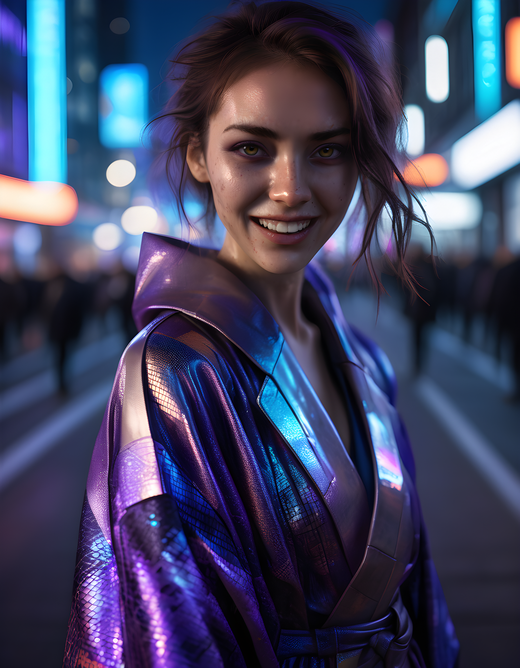 In a dystopian, neon-lit cityscape at twilight, the woman H4Z3L6 is captured in a close-up shot from an angled perspective, her expressive brown eyes glowing with an ethereal light as she smiles with parted lips revealing perfectly white teeth. Her unique outfit, reminiscent of a futuristic samurai, consists of a leather trench coat adorned with metallic accents and holographic patterns, paired with a flowing kimono in shades of deep purple and electric blue. The camera focuses on her upper body, emphasizing the contrast between the rough texture of her coat and the delicate silk of her kimono, creating an emotional tone of strength and resilience amidst the chaos of the city.