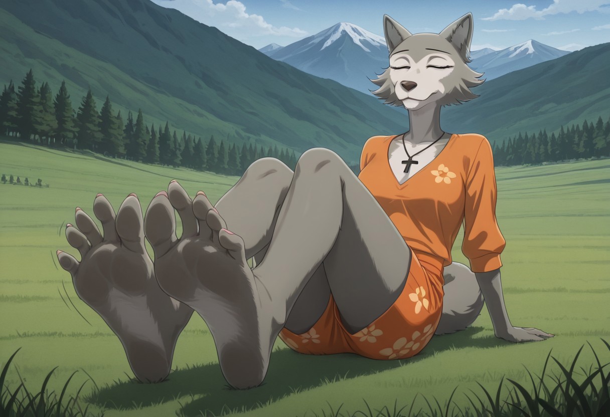 masterpiece, best quality, amazing quality, very aesthetic, absurdness, newest, high quality, detailed, <lora:Leano_Beastars_Illustrious_8BitGhost_[Commissioned-by-me-2]:1>, Leano, 1girl, mature female, female, anthro, grey wolf, animal ears, brown eyes, grey fur, light underbelly, orange flower shorts, orange flower shirt, barefoot, feet, looking at feet and toes, laying down on chest on grass at mountain fields, mountain landscape and scenery, laying down on chest, grabbing toes on one foot, holding big toes, one hand on one foot and toes, one leg and foot in the air, other leg and foot on the ground, holding the toes on one foot, humanoid wolf feet, five toes, detailed five toes, soles, grey soles, feet tease, foot fetish, soles, humanoid wolf feet, highly detailed feet, detailed toenails, five toes, curled toes, toes crunched up, big toes spreading, one hand holding one foot and toes, soles, detailed soles, mildly wrinkled soles, five toes, feet tease, toes spread, toes wiggle, toe tease, detailed humanoid fox feet, Christian Cross around neck, Crucifix around neck, full body, outdoors, Mountains, trees, on top of a mountain hill, beautiful mountain landscapes and lovely scenery, sunny, big smile, closed eyes,