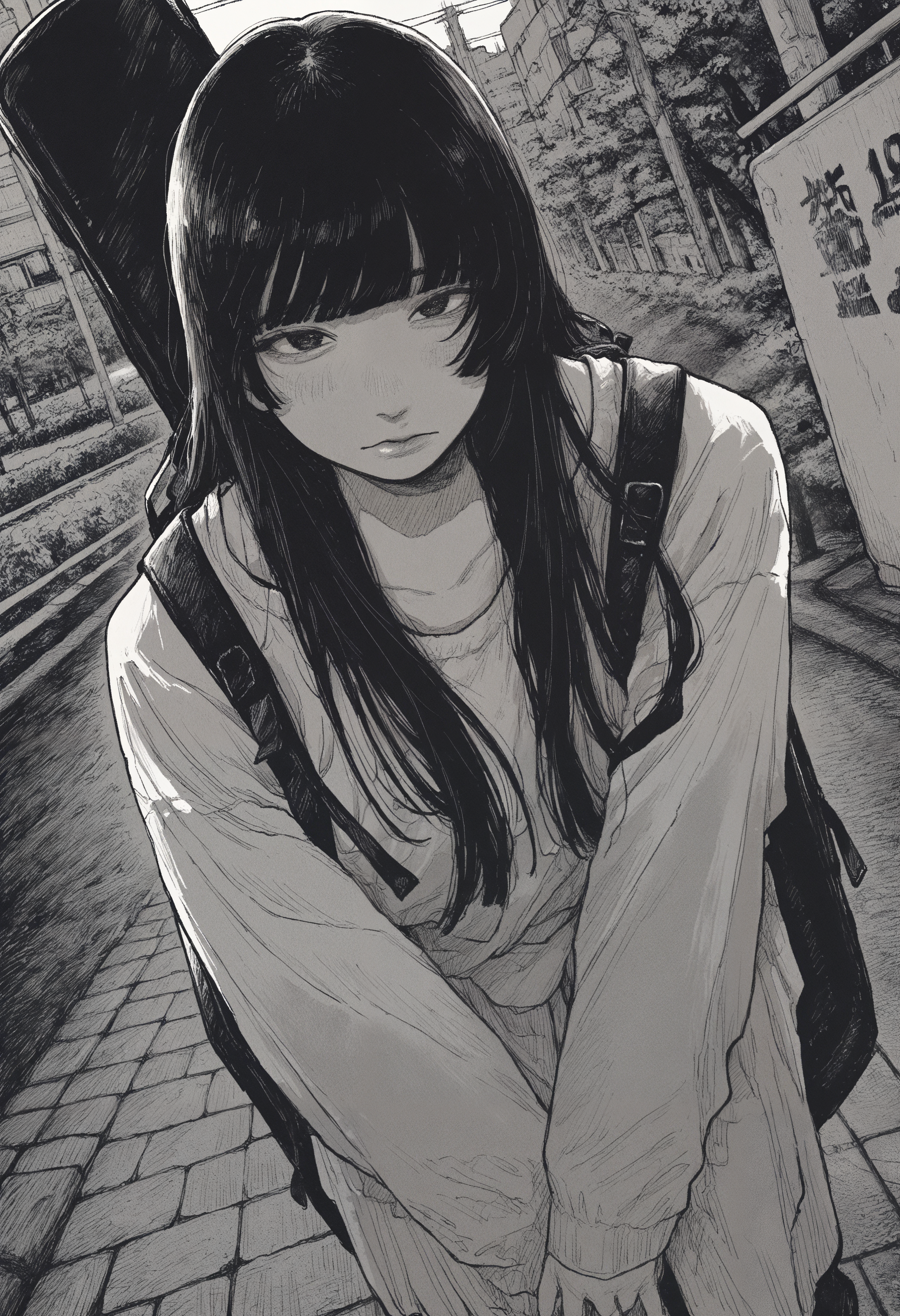 masterpiece, best quality, very aesthetic, absurdres, year 2024, year 2023,  monochrome, greyscale, hatching \(texture\),  1girl, solo, long hair, blunt bangs, black hair, backpack, instrument_case, guitar case on back, looking at viewer, dutch angle,    <lora:owk_bsh_yy>  <lora:ponyv4_noob1_2_adamW-000017:0.35>
