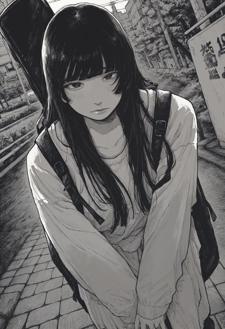 masterpiece, best quality, very aesthetic, absurdres, year 2024, year 2023, monochrome, greyscale, hatching \(texture\), 1girl, solo, long hair, blunt bangs, black hair, backpack, instrument_case, guitar case on back, looking at viewer, dutch angle, <lora:owk_bsh_yy> <lora:ponyv4_noob1_2_adamW-000017:0.35>