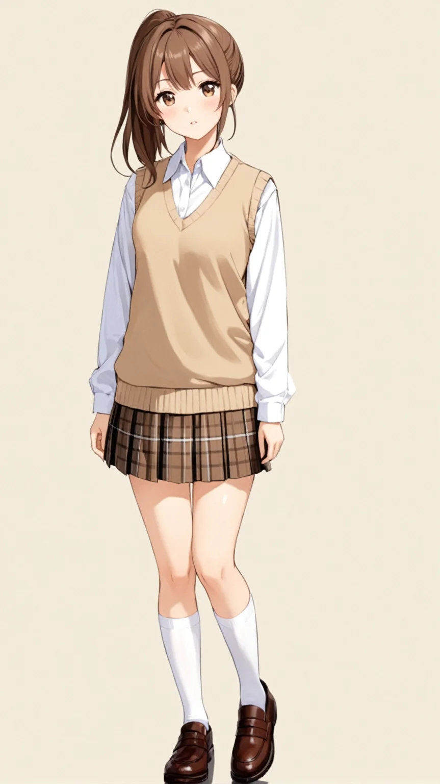 masterpiece,best quaity,
<lora:yunatoomi.sdxl.v3:0.2>
yuna toomi
1girl,solo, brown hair, ponytail,
brown eyes,
school uniform, white shirt, collared shirt, long sleeves
plaid skirt, pleated skirt,
white kneehighs,
brown footwear,
sweater vest, beige sweater,
standing,
full body,
simple background,