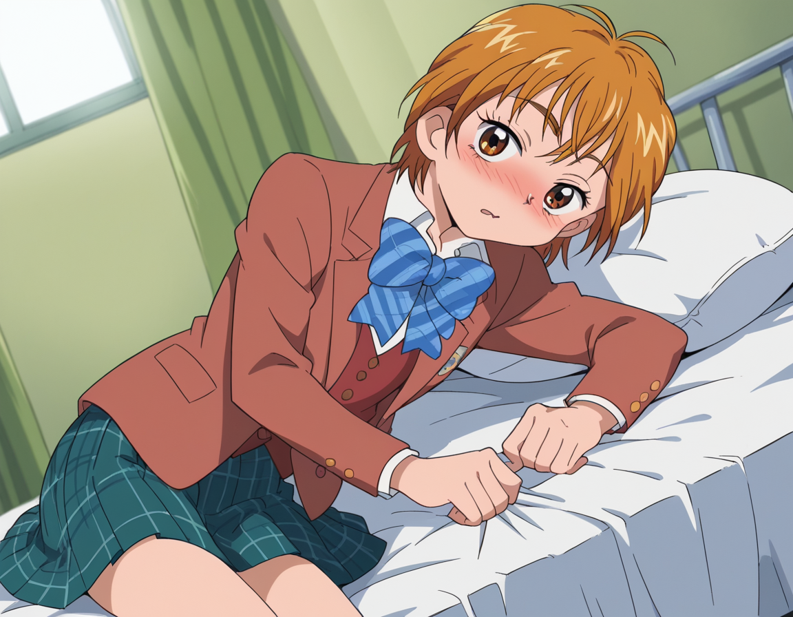 score_9, score_8_up, score_7_up, source_anime, <lora:nagisa-misumi-anime-ponyxl-lora-nochekaiser:1>, nagisa misumi, short hair, brown hair, brown eyes,, skirt, bow, school uniform, jacket, bowtie, blue bow, blazer, brown jacket, plaid, plaid skirt, green skirt, red blazer,, indoors, bed, bed room, on side, blush, drunk, looking at viewer, solo,, cowboy shot, dutch angle