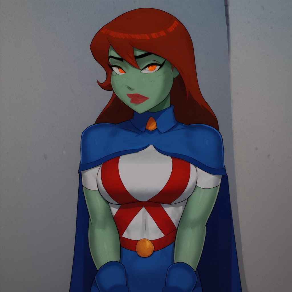 safe_pos, score_9, score_8_up, score_7_up, 1girl, solo, lipstick, red hair, long hair, orange eyes, colored skin, green skin, breast, blue cape, blue skirt, gloves, superhero, MissMartianSU, looking at viewer, indoors