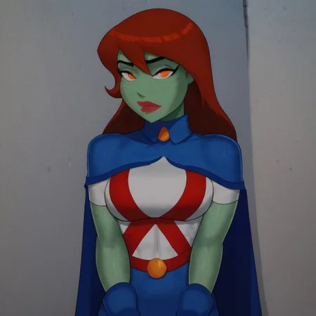 safe_pos, score_9, score_8_up, score_7_up, 1girl, solo, lipstick, red hair, long hair, orange eyes, colored skin, green skin, breast, blue cape, blue skirt, gloves, superhero, MissMartianSU, looking at viewer, indoors