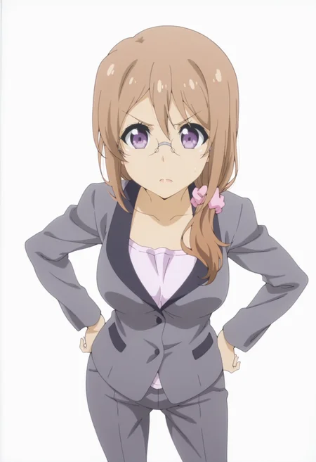 anime screencap, anime coloring, <lora:DX888Yui:1> saitou yui, purple eyes, brown hair, long hair, hair over shoulder BREAK teacher, glasses, hair scrunchie, suit, grey pants, BREAK simple background, white background, plaid background, BREAK 1girl, angry, from above, hand on own hip, looking at viewer, solo, standing,