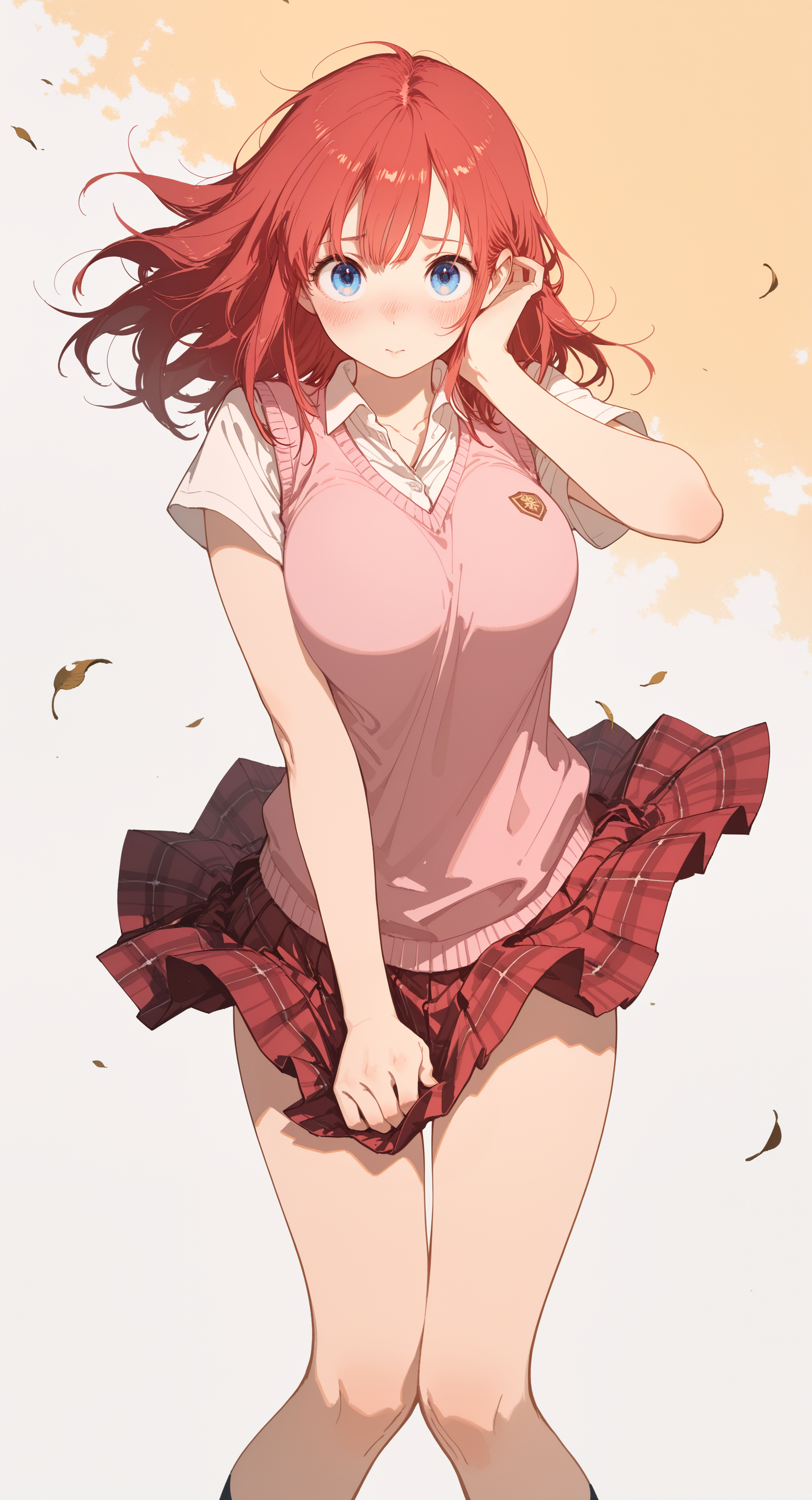 masterpiece,best quality,amazing quality, 1girl, solo, long hair, large breasts, red hair, blue eyes, red pleated skirt, plaid skirt, skirt lift, white shirt, school uniform, short sleeves, collared shirt, clothes lift, pink sweater vest, skirt tug, looking at viewer, blush, embarrassed, hair tucking, Head down,
simple background, wind, wind lift,Blowing leaves,
abstract background, rella <lora:illustriousXL_stabilizer_v1.23:0.3> <lora:NOOB_vp1_detailer_by_volnovik_v1:0.3> <lora:ponyv6_noobE11_2_adamW-000017:0.3> <lora:Artist_style_Rella_-_Illustrious-XL_r1:0.3> <lora:veluflora-wai:0.6>