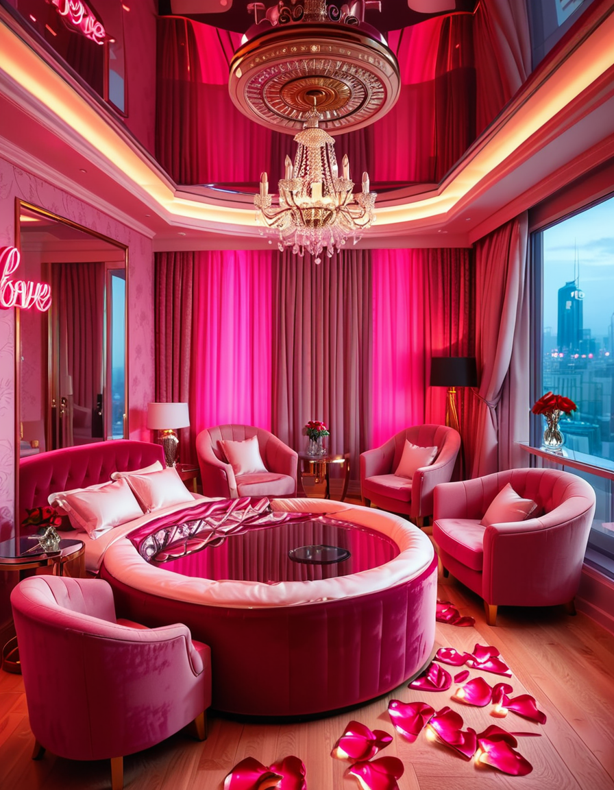 A luxurious, stylish love hotel room,love hotel r00m with a romantic and intimate atmosphere. The room features a large, round king-sized bed with silky red and black sheets, surrounded by soft, ambient lighting. Neon pink and purple LED lights illuminate the walls, creating a sensual glow. A plush velvet sofa sits near the bed, with a glass-topped coffee table holding champagne glasses and a chilled bottle of champagne. The ceiling has a large mirror, reflecting the entire room. On one side, thereâs a floor-to-ceiling window with sheer curtains, showing the night cityscape in the background. A modern jacuzzi tub with rose petals floating on the water is visible in the corner, surrounded by candles. The room has a sleek, modern design with a touch of opulence, including gold accents on the furniture and warm wooden floors. The lighting is dim and moody, emphasizing the romantic ambiance.
<lora:SDXLFaeTastic2400:0.4> <lora:extremely_detailed:0.4> extremely detailed, <lora:love_hotel_r00m:1>, Masterpiece,best quality,hi res,8k,hi res,8k,award winning,(sharp focus, intricate, highly detailed),