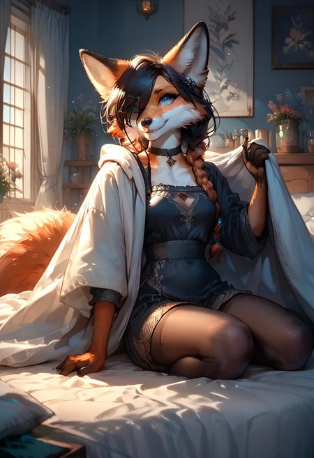 score_9, score_8_up, score_7_up,braided black hair, anthro fox female,foxfolk,solo,perfecteyes,blue eyes, one eye covered by hair, medium breasts ,black choker, black cutout lingery,bedinvite,under covers, tights,lying on bed,perfect quality, high quality, at night ,cosy bed room athmosphere,