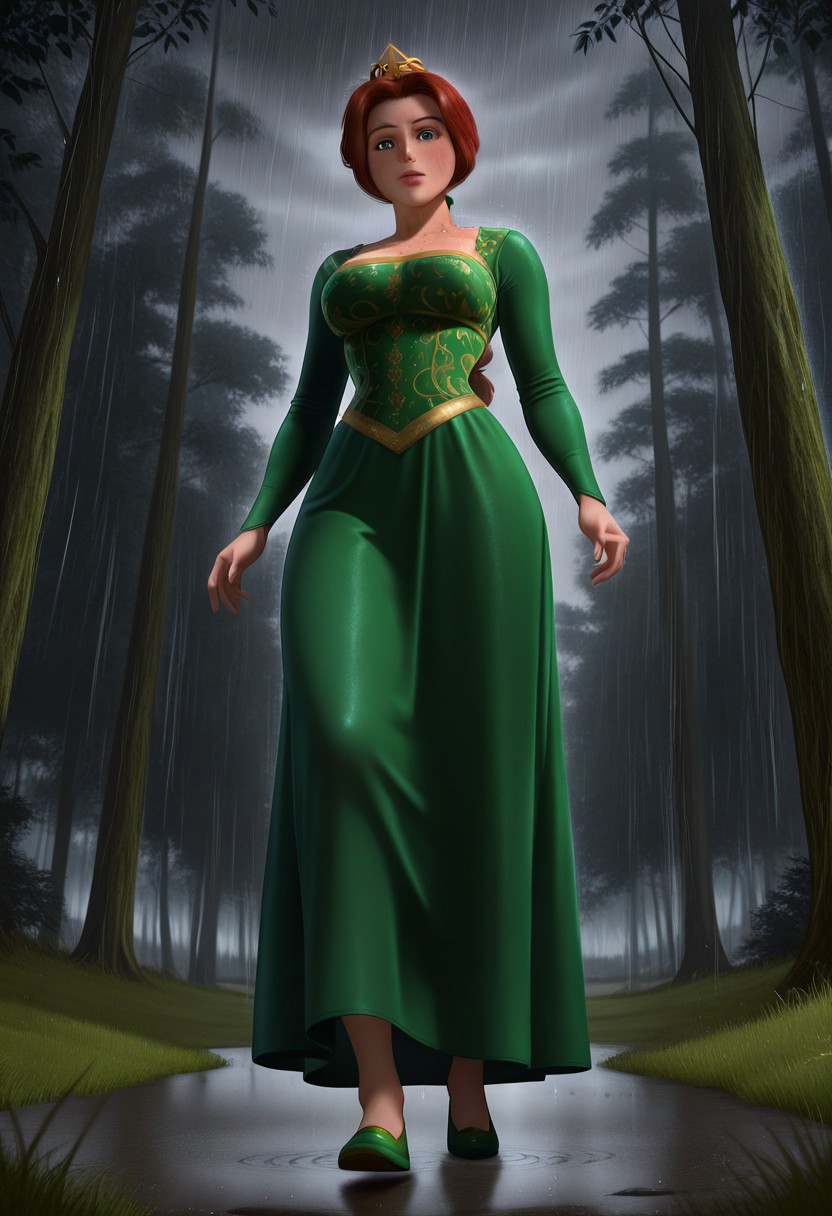illustriouslogan,
solo, Princess Fiona, blue eyes, freckles, lips red hair, long hair, braided ponytail, green hair tie, crown, shrek 1 dress, green dress, long sleeves, green shoes, large breasts, standing, close up, from below, full body, Outdoors, forest, trees, dark grey, rain, white lightnings, grassland, green floor