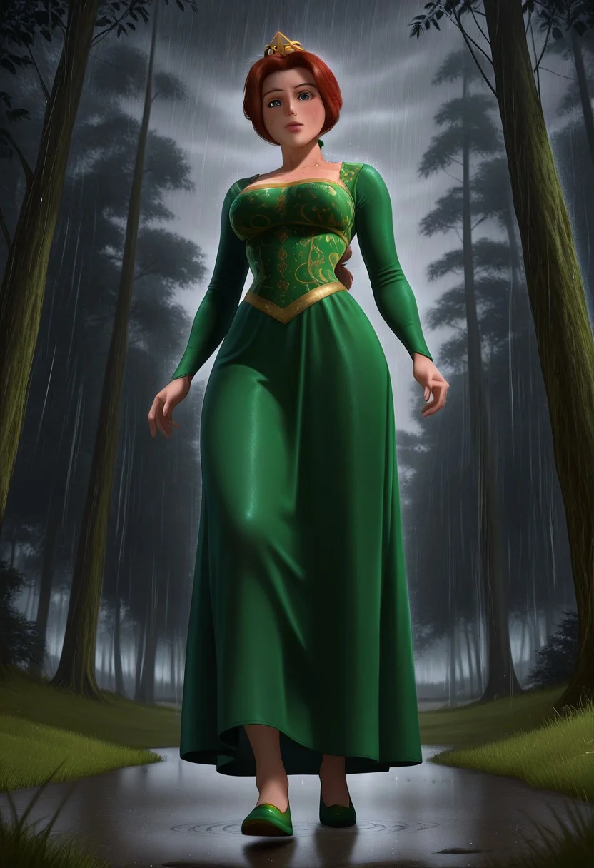illustriouslogan,
solo, Princess Fiona, blue eyes, freckles, lips red hair, long hair, braided ponytail, green hair tie, crown, shrek 1 dress, green dress, long sleeves, green shoes, large breasts, standing, close up, from below, full body, Outdoors, forest, trees, dark grey, rain, white lightnings, grassland, green floor