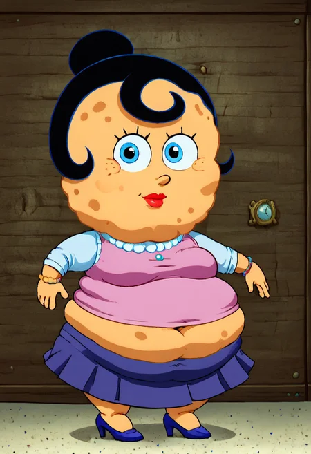 sp0nge_m0m,
1girl,
blue eyes,
solo,
black hair,
high heels,
jewelry,
shirt, Skirt,
(portrait, head tilt, looking at viewer), (fat:1.5), exposed navel