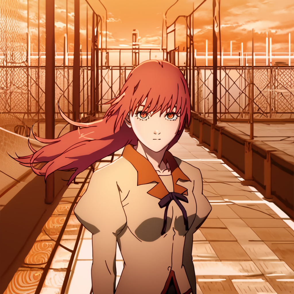score_9, score_8_up, score_7_up, score_6_up, score_5_up, score_4_up,  <lora:mak1ma0XL_Pony_v1:1>, 1girl, mak1ma0, red hair, long hair, ringed eyes, naoetsu school uniform, school uniform, 1girl, alone, looking at the viewer, masterpiece, highres, highly detailed face, highly detailed shining eyes, symmetrical highly detailed eyes, entire body, legs, floating hair, <lora:bakemonogatari_style:1>, bakemonogatari_style,  warm orange hue theme, orange sky, fences, fences corridor, outdoor, girl walking down the corridor