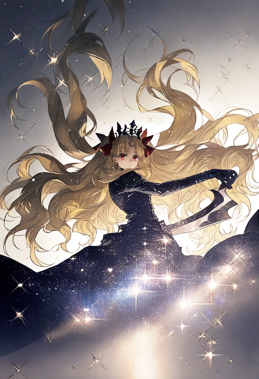 1girl, long hair, solo, ereshkigal \(fate\), red eyes, blonde hair, looking at viewer, dress, tiara, very long hair, star \(sky\), hair ribbon, ribbon, weapon, floating hair, two side up, sparkle, black dress, starry sky, ishtar \(fate\) <lora:YLXL_NBVP1_lokr_V6311P:0.95>