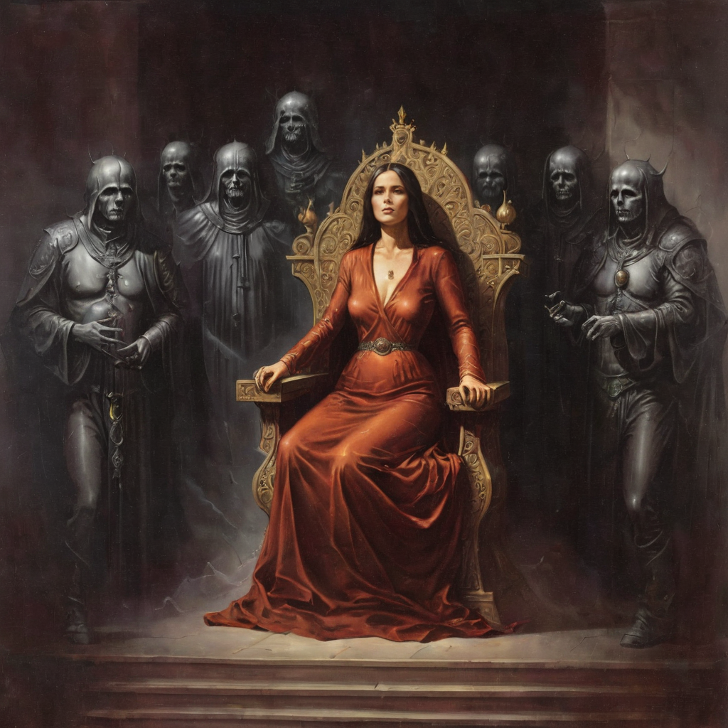 <lora:k3nk3lly:0.75>woman throne behind her apparitions