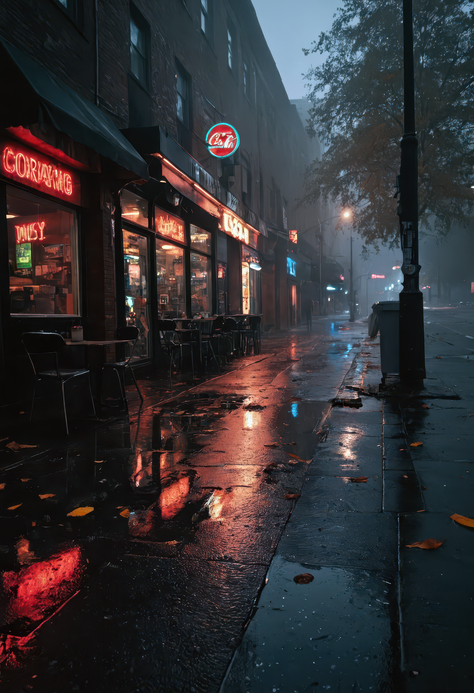moody cinematic scene of a rain-slick urban street at night, wet asphalt reflecting neon signs and colorful city lights in puddles, vending machines softly humming, scattered trash and fallen leaves littering the shiny pavement, empty cafe chairs arranged haphazardly on the damp sidewalk, soft warm glow from a nearby lamppost cutting through the mist, curling fog drifting through narrow alleyways, deep, dramatic shadows creating strong contrast, richly textured surfaces, glossy reflections, immersive atmosphere, hyperrealistic, wide-angle lens perspective, high dynamic range, stunning color grading, photorealistic, ultra-detailed, atmospheric depth
