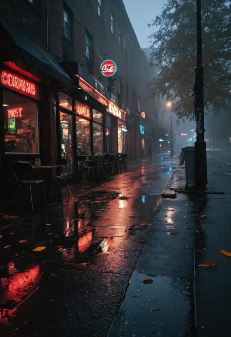 moody cinematic scene of a rain-slick urban street at night, wet asphalt reflecting neon signs and colorful city lights in puddles, vending machines softly humming, scattered trash and fallen leaves littering the shiny pavement, empty cafe chairs arranged haphazardly on the damp sidewalk, soft warm glow from a nearby lamppost cutting through the mist, curling fog drifting through narrow alleyways, deep, dramatic shadows creating strong contrast, richly textured surfaces, glossy reflections, immersive atmosphere, hyperrealistic, wide-angle lens perspective, high dynamic range, stunning color grading, photorealistic, ultra-detailed, atmospheric depth