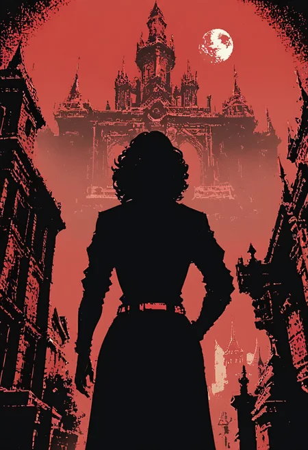score_9, score_8_up, score_7_up, woman silhouette, standing, rogue clothing, long curly black hair, cowboy shot, wearing belt and tunic, back to viewer, dark medieval fantasy city, fog, red theme, epic, red and black, huge statues and tower, monochrome, endless fantasy city, night, moon,