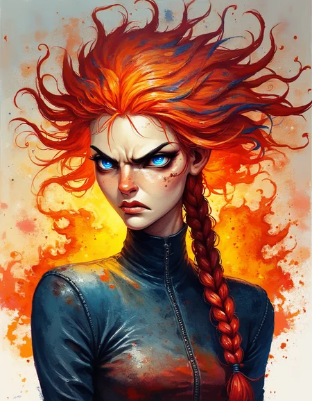 score_9, score_8_up, score_7_up, score_6_up, watercolor, A determined close-up of a woman with fiery red hair tied into a tight braid, her strong jawline and intense blue eyes locked in a fierce stare, her lips set in a resolute line, ready to face any challenge., highly detailed, backlight <lora:ponys-dream:.9>