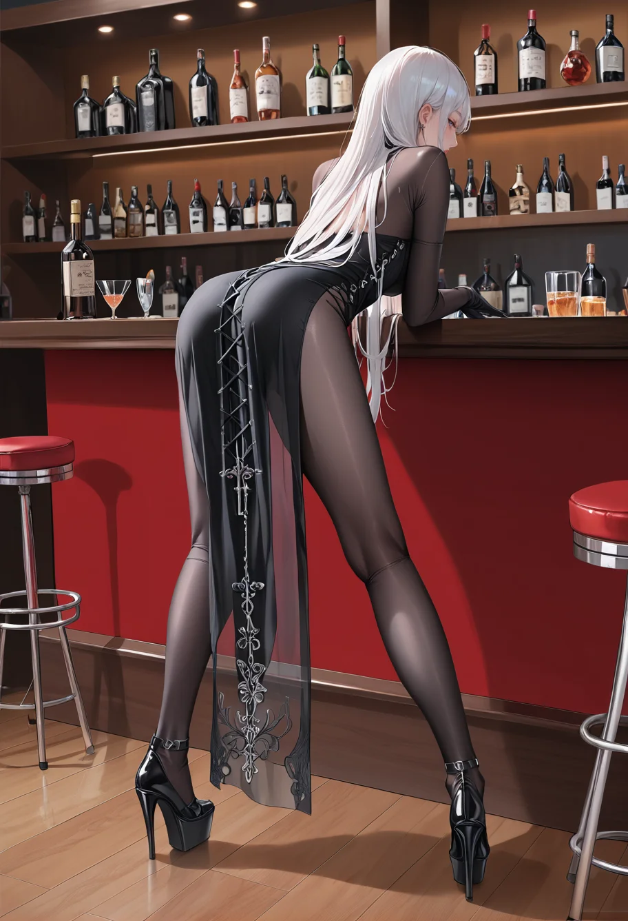 1girl,solo,,ruanyi0849,black bodysuit,black dress,black gloves,cross-laced clothes,pelvic curtain,side slit,see-through,bodystocking,cross-laced footwear,platform heels,
long hair,white hair,all fours,full body,bar \(place\),<lora:0849 black cheongsam_v1_pony:0.9>, score_9,score_8_up,score_7_up,,8k,1girl,solo,,