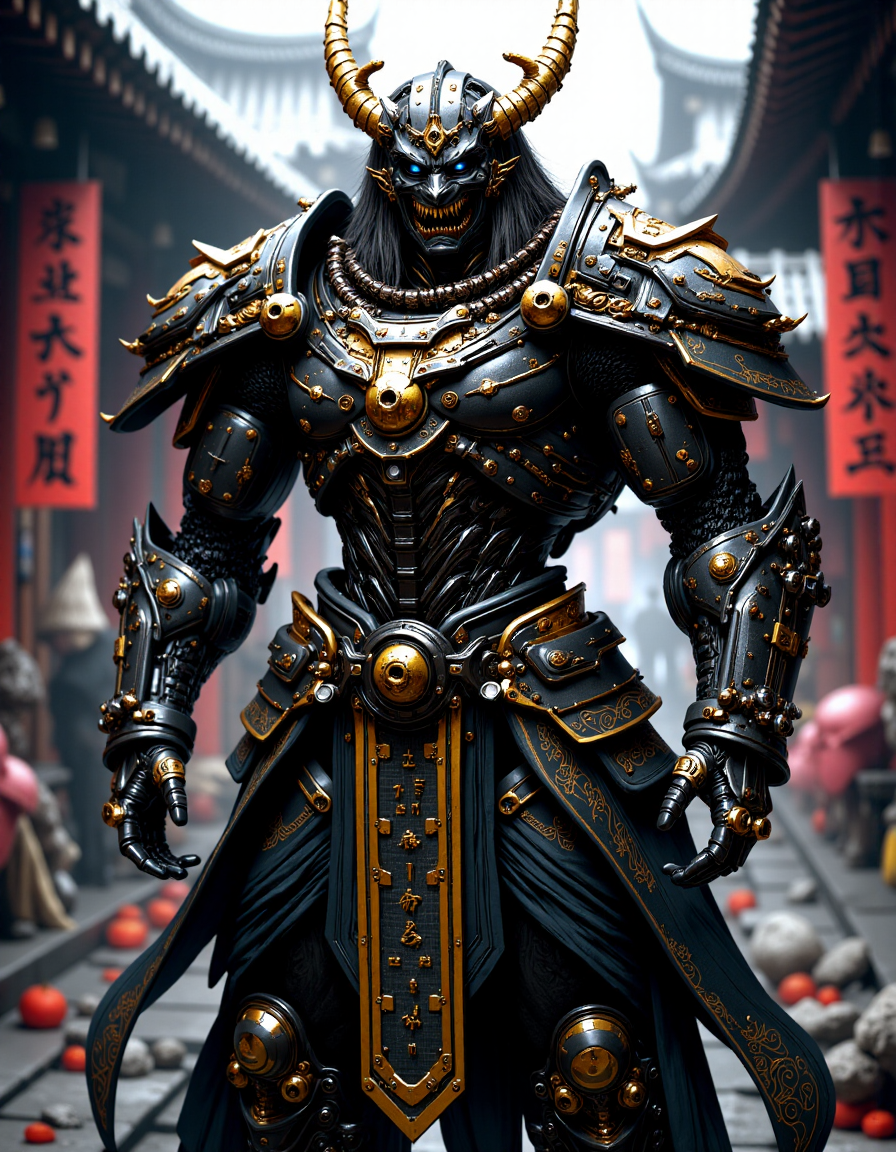 cinematic film still cinematic film still stylized by Sam Mayle, photograph, concept art, breathtaking black armored cybernetic robot, cloake black and golden shinobi, cyberpunk demon helmet, futuristic, exosuit, tactical, advanced gear, hero pose, highly detailed, futuristic, intricate, elegant, standing in a cyberpunk shinto shrine,  distantfuture  <lora:FluxMythP0rtr4itStyle:0.9> chinese letters on armor