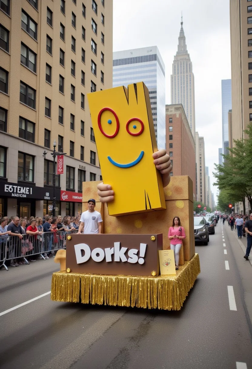 Realistic photograph capturing a vibrant, detailed Plank themed parade float including banner with text "Dorks!"
