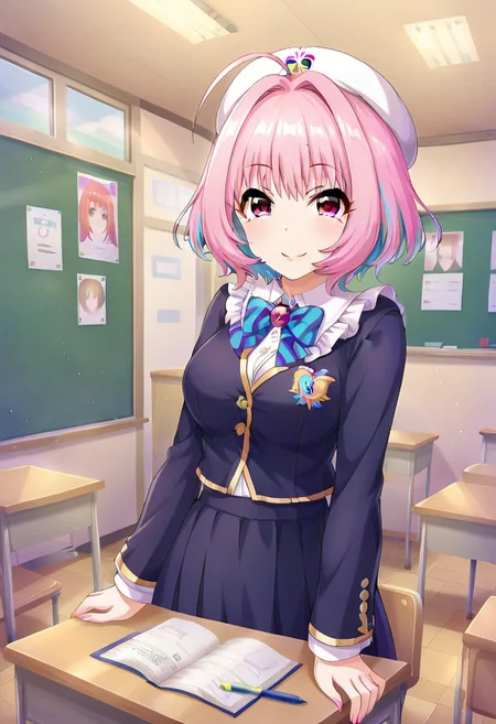 masterpiece, high quality,yumemi riamu, pink hair, ahoge, short hair, pink eyes, 1girl, indoors, solo, classroom, smile, hat, looking at viewer