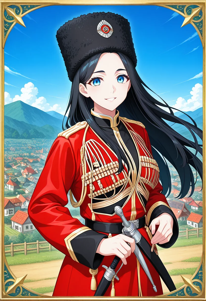 Graphic Design, color art, vibrant colors, colorful, intricate details, high contrast, detailed background, beautiful detailed, beautiful face, detailed eyes, detailed face, newest, new, k4z4k, 1girl, solo, black hair, long hair, blue eyes, black fur hat, red coat, black shirt, sheath, sword, military uniform, medium breasts, blue sky, dagger, dynamic pose, looking at viewer, dancing, smile, happy, parted lips, wind, village, 
