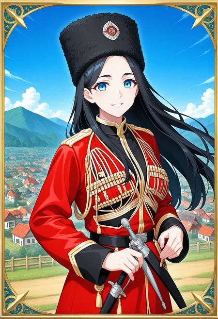 Graphic Design, color art, vibrant colors, colorful, intricate details, high contrast, detailed background, beautiful detailed, beautiful face, detailed eyes, detailed face, newest, new, k4z4k, 1girl, solo, black hair, long hair, blue eyes, black fur hat, red coat, black shirt, sheath, sword, military uniform, medium breasts, blue sky, dagger, dynamic pose, looking at viewer, dancing, smile, happy, parted lips, wind, village,