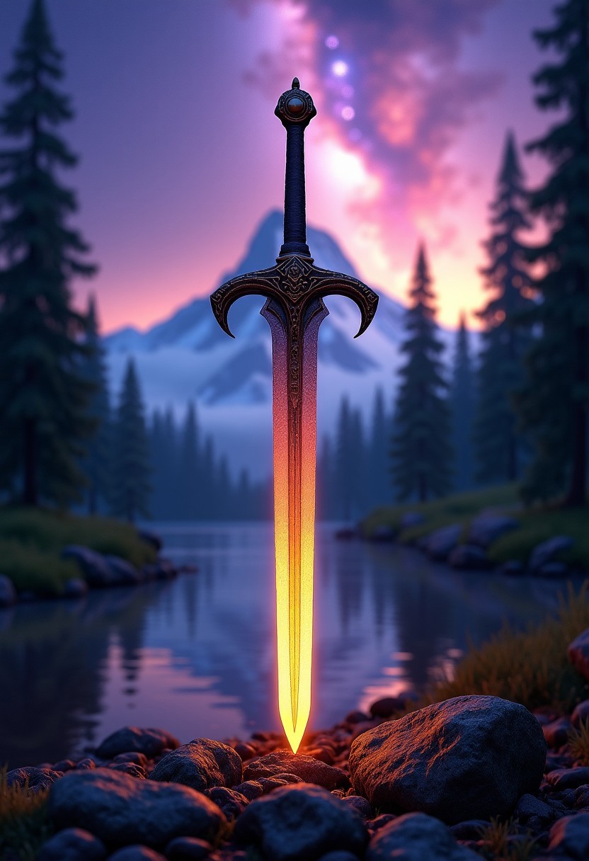 35mm photograph, film, bokeh, professional, mystic introcated detailed sword in a beautiful fantasy forest with a mountain in the background and a lake at night with galaxy in the sky, (purple blue yellow sky:1.3), (galaxy constelation embrodeiry:1.4), hyperrealistic, super realistic, sharp focus, 8k, (((masterpiece))) (((ultimate quality))), exquisite beauty, highiest texture resolution, photorealistic, fantasy setting, epic composition