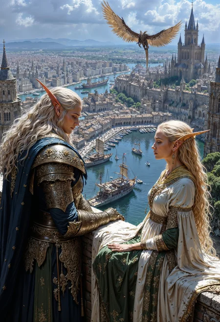 a fantasy-style digital painting depicting a medieval port city with a castle in the background. The layout is vertical, focusing on two elf-like characters in the foreground. The male character has long, silver hair and pointed ears, wearing intricate silver and blue armor with ornate designs. The female character has long, flowing blonde hair and pointed ears, dressed in an elegant white and green gown with detailed embroidery. Both have fair skin and delicate facial features. They are seated at a stone balcony overlooking the bustling harbor filled with ships. In the sky, a dragon is flying above the city, adding to the fantastical atmosphere. The overall color palette is a mix of cool blues, grays, and warm earth tones, creating a harmonious and immersive scene.